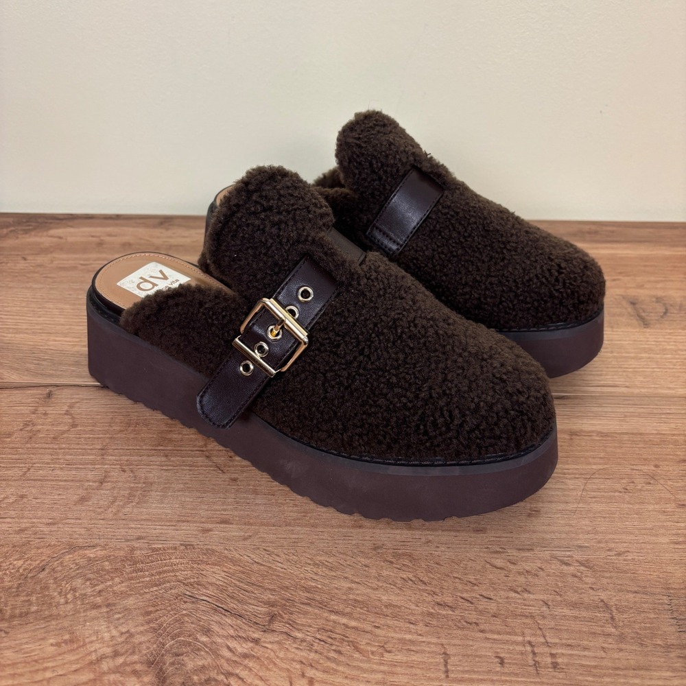 DV DOLCE VITA Lelani Cozy Platform Clogs Dark Brown Women Size 9 Faux Fur